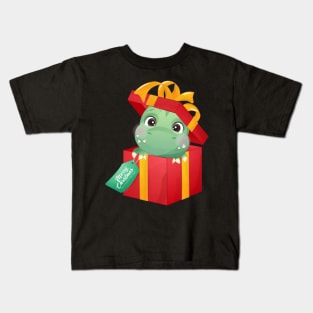 Cute Christmas Dinosaur In a Gift Box Kids T-Shirt